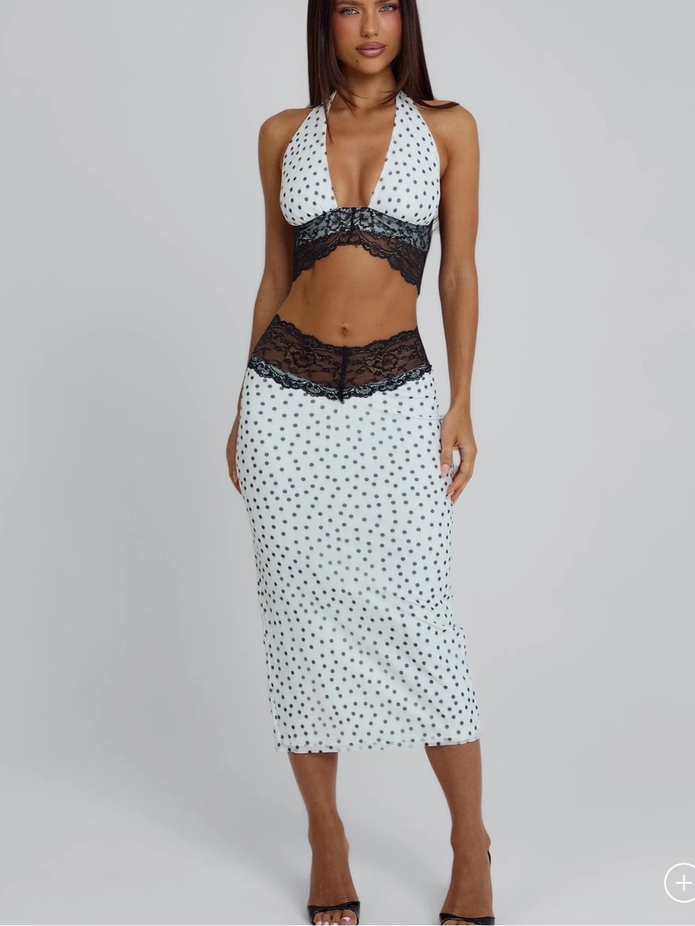 Polka Dot Lace-Trim Halter Sleep Set in White and Black